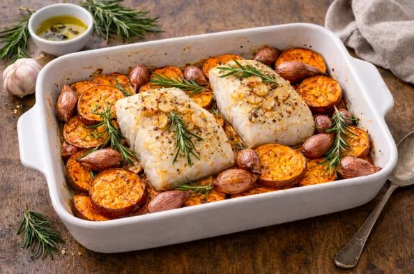 Bacalhau no forno com batata-doce e chalotas