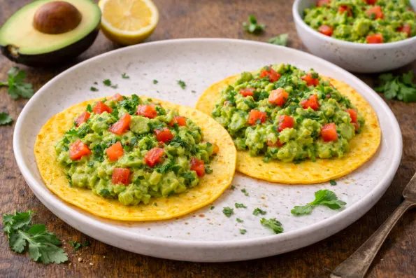 Wrap sem glúten de ovo e queijo e tortitas de milho com guacamole
